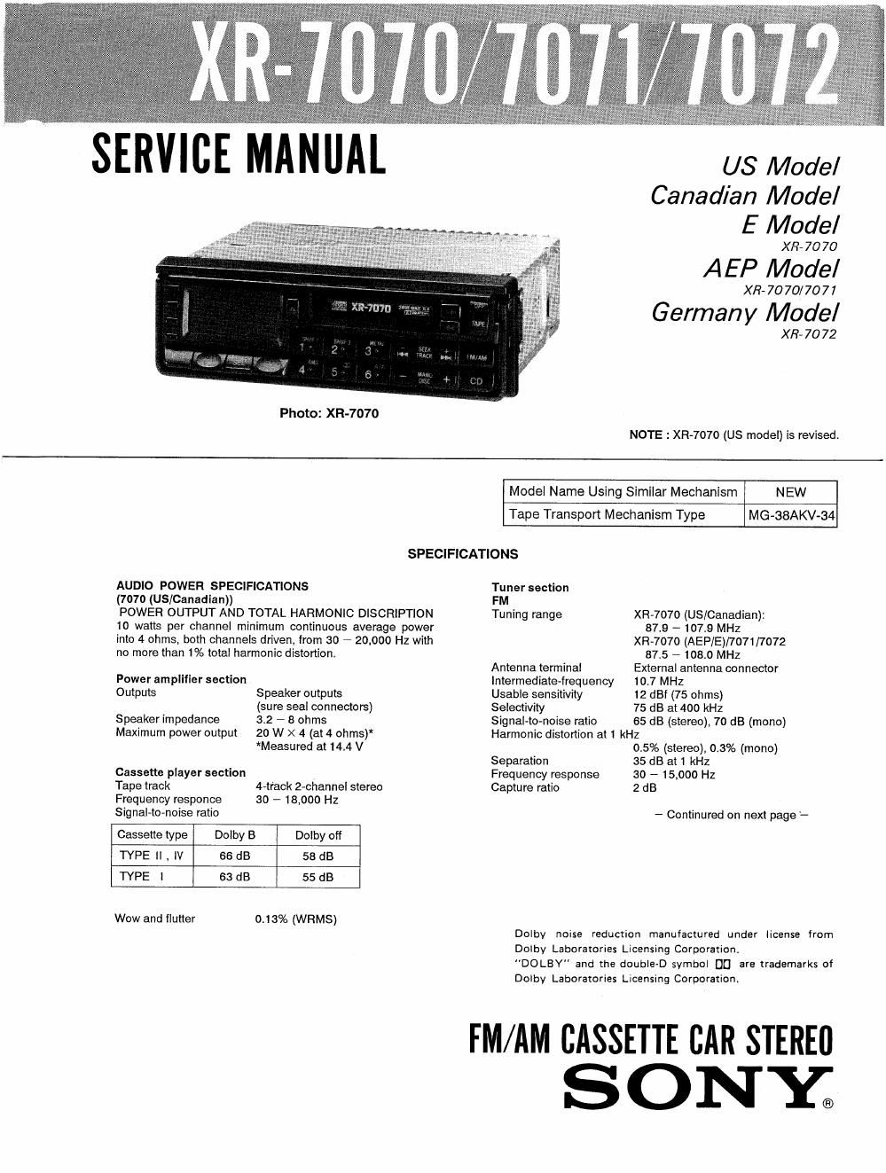 sony xr 7070 service manual