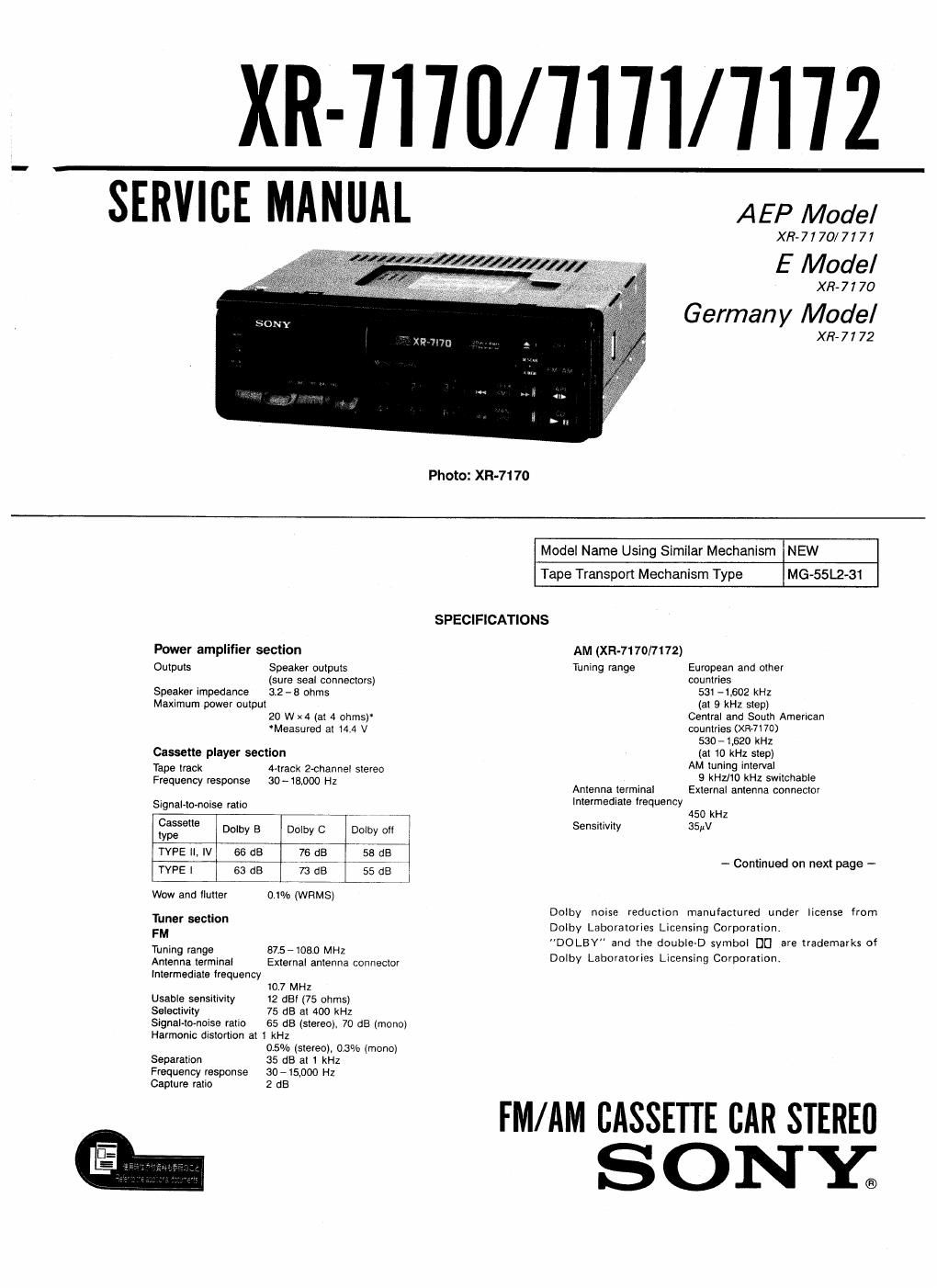 sony xr 7170 service manual