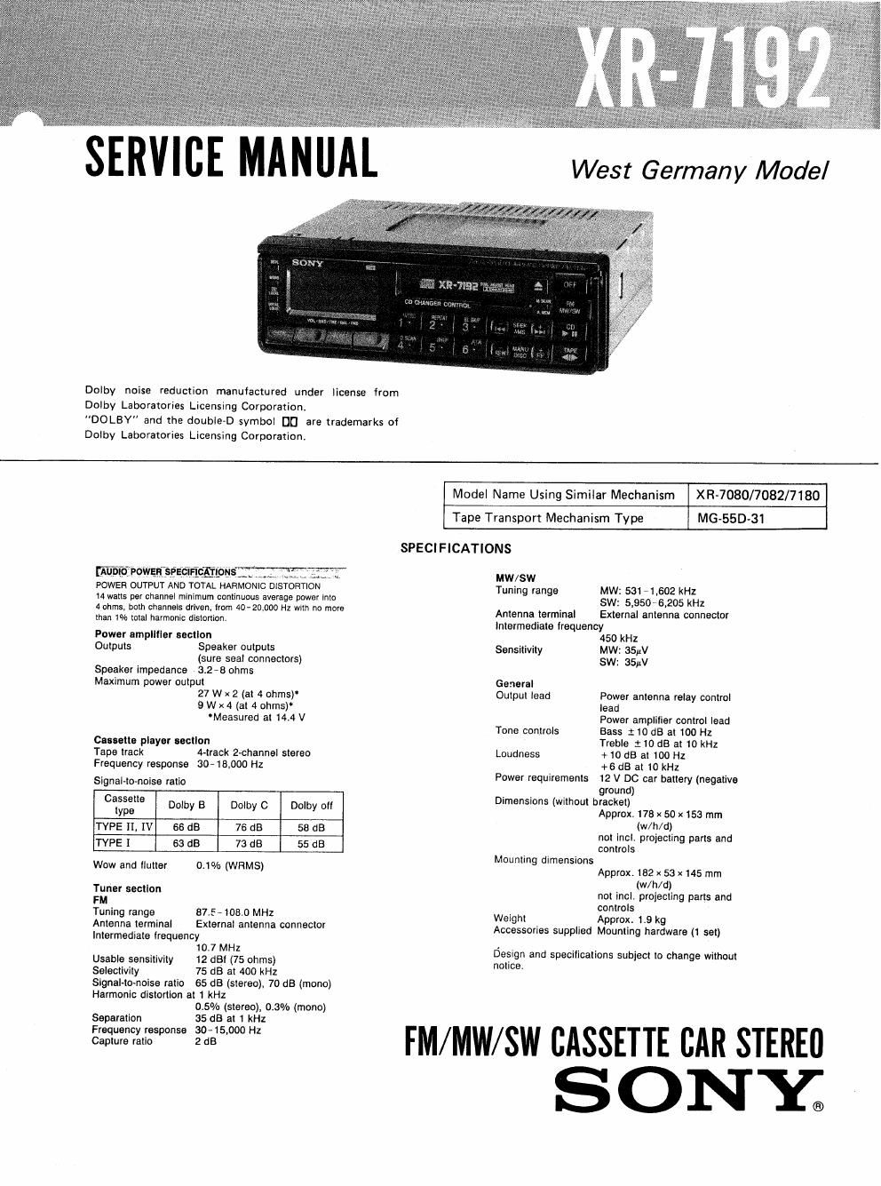 sony xr 7192 service manual