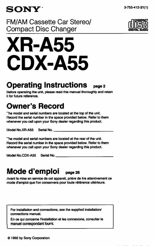 sony xr a 55 owners manual