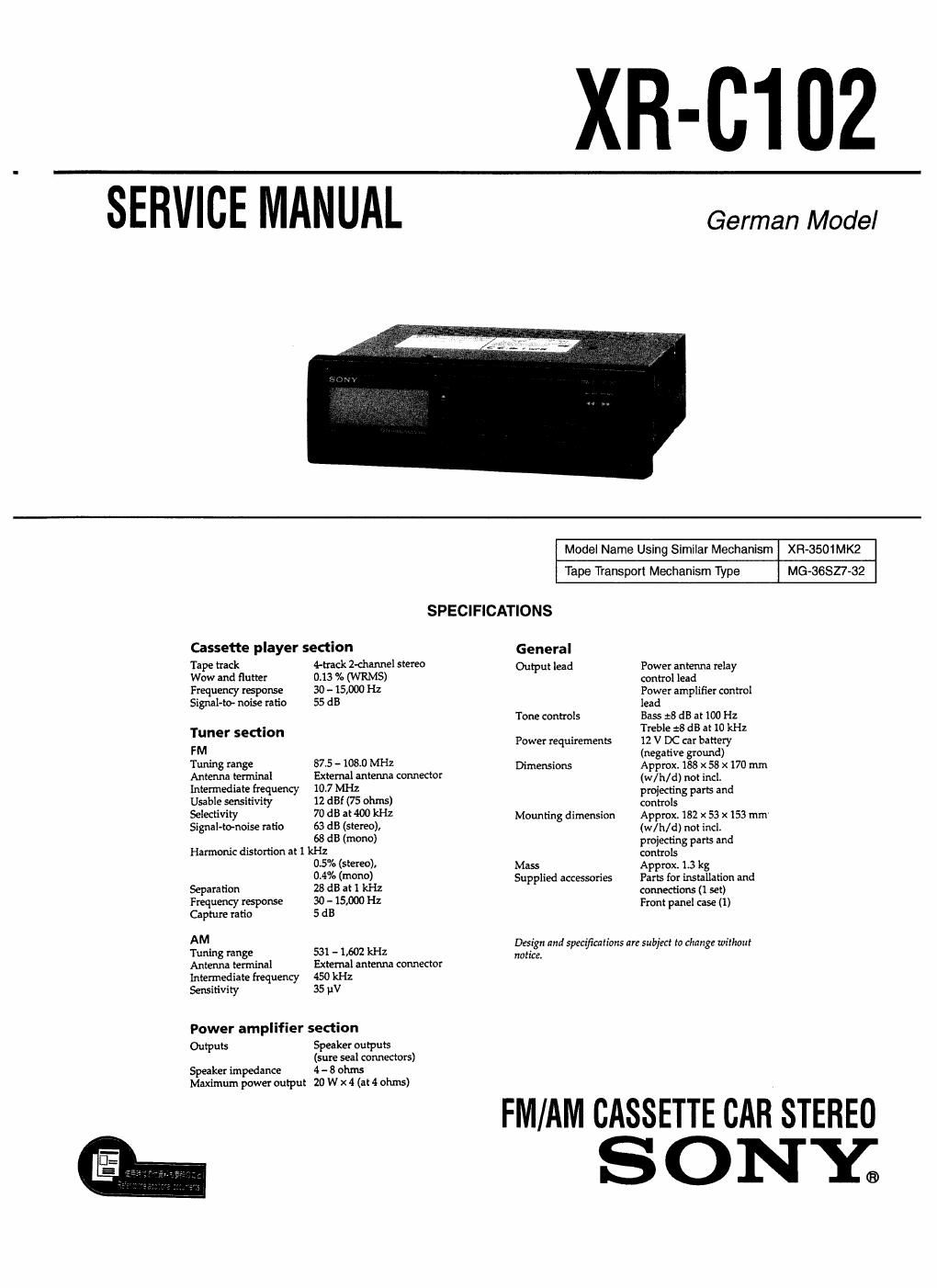 sony xr c 102 service manual