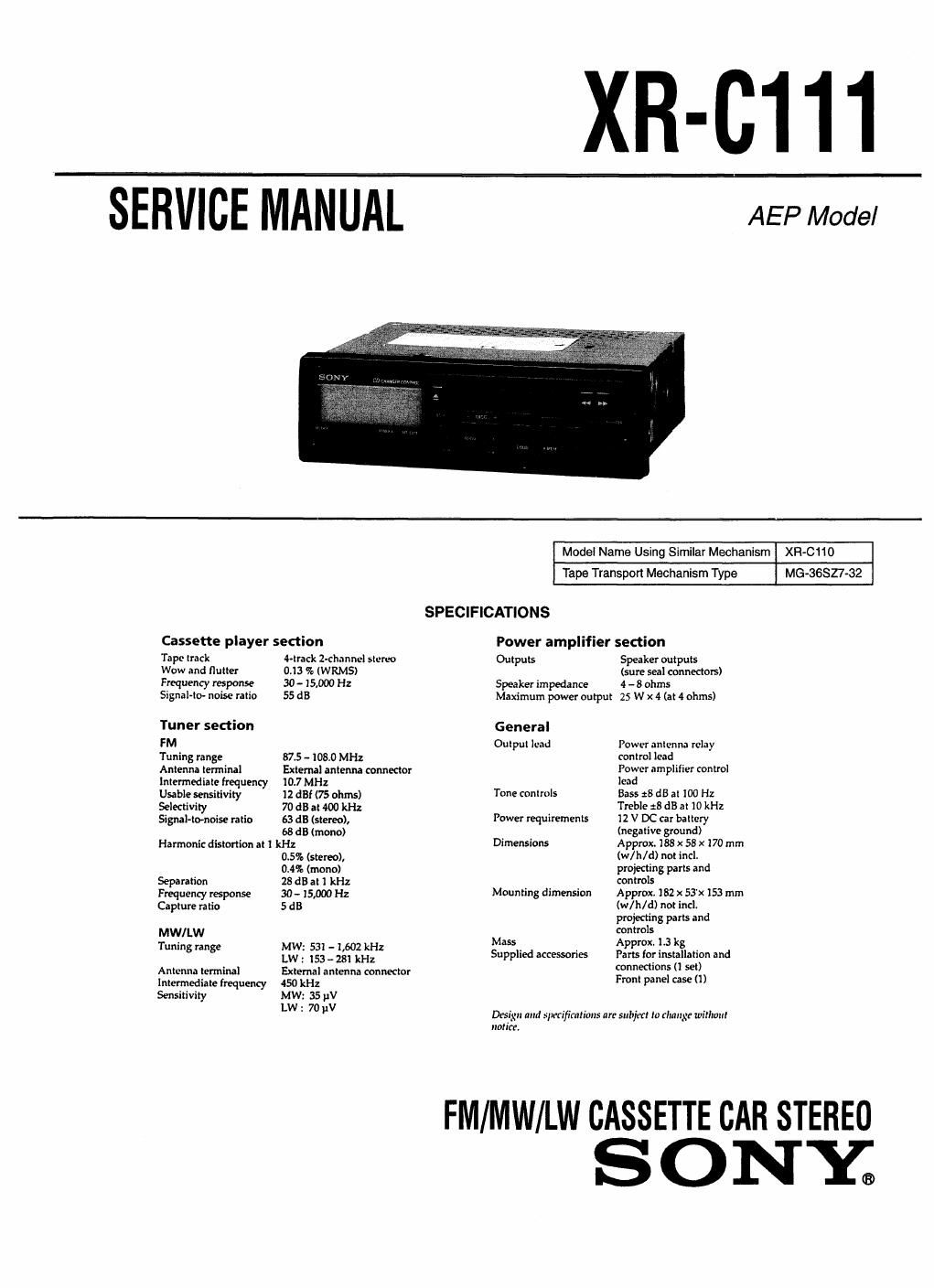 sony xr c 111 service manual