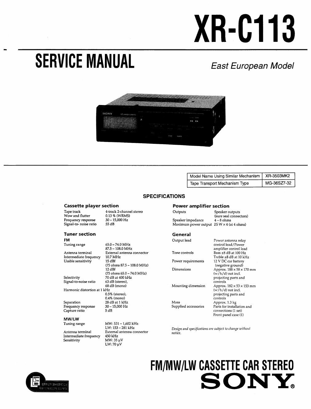 sony xr c 113 service manual