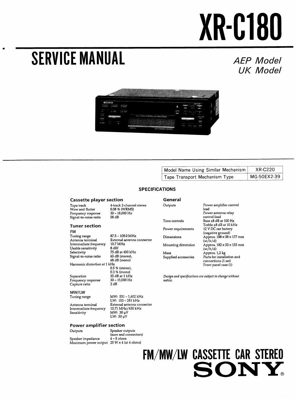 sony xr c 180 service manual