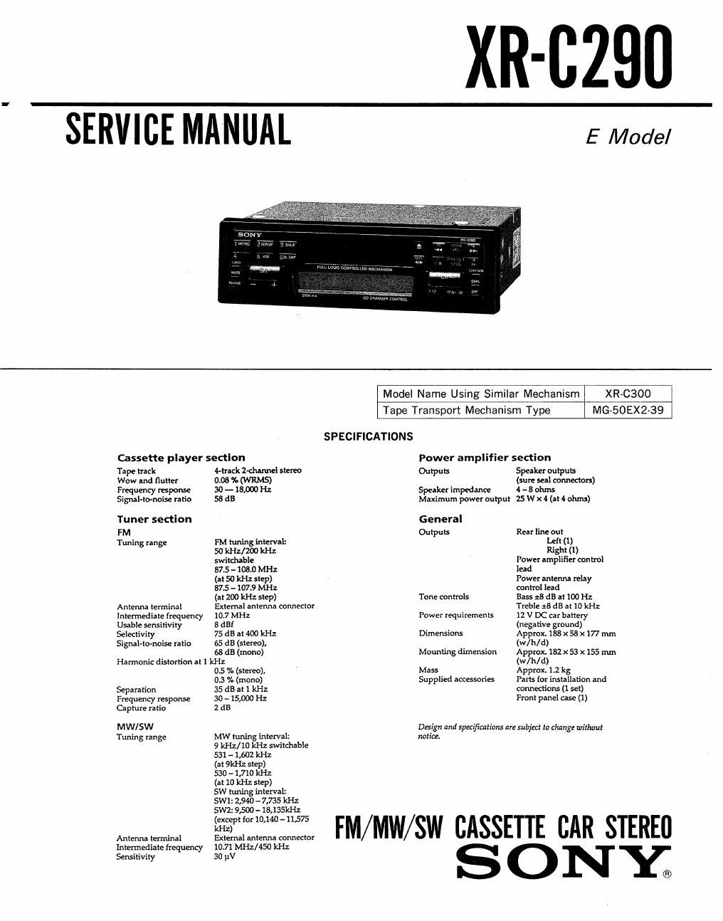 sony xr c 290 service manual