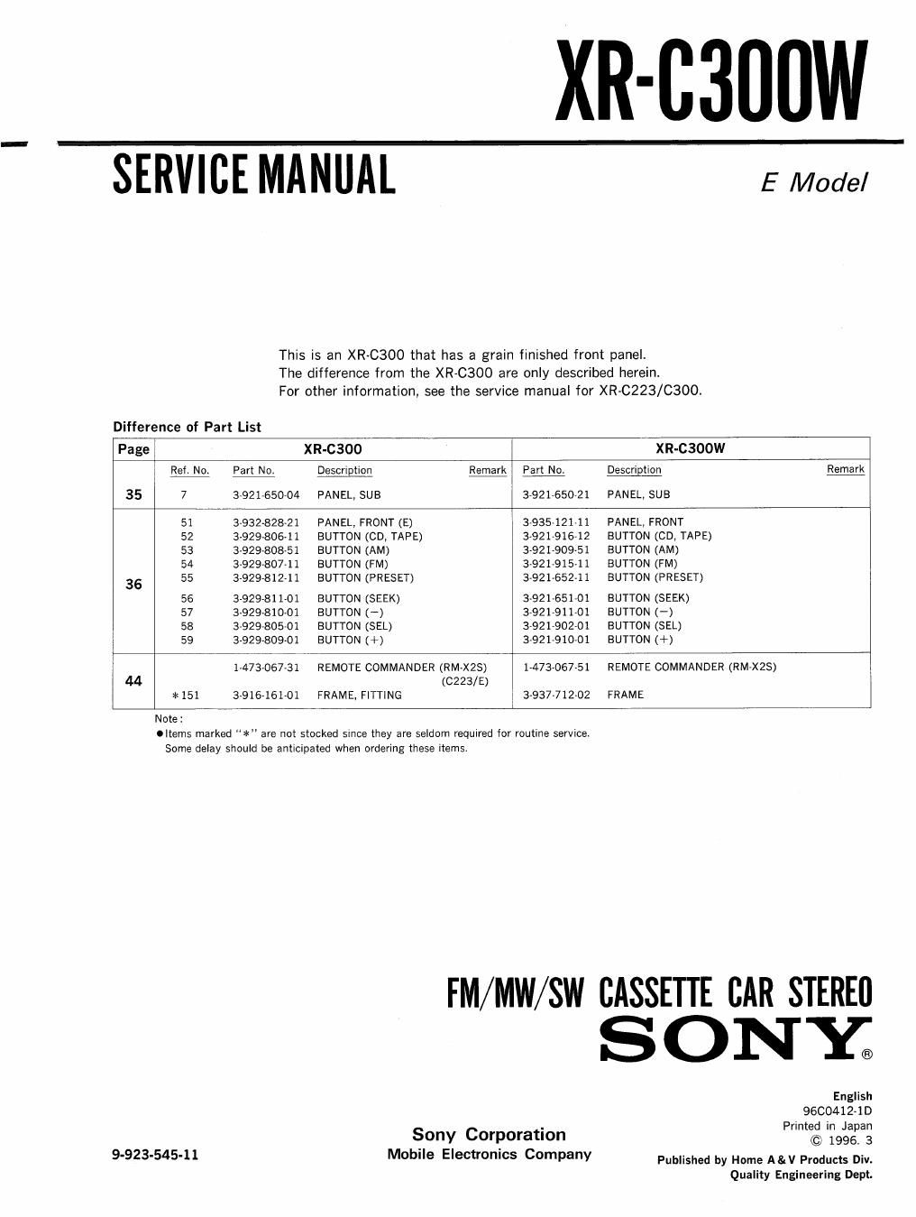 sony xr c 300 w service manual