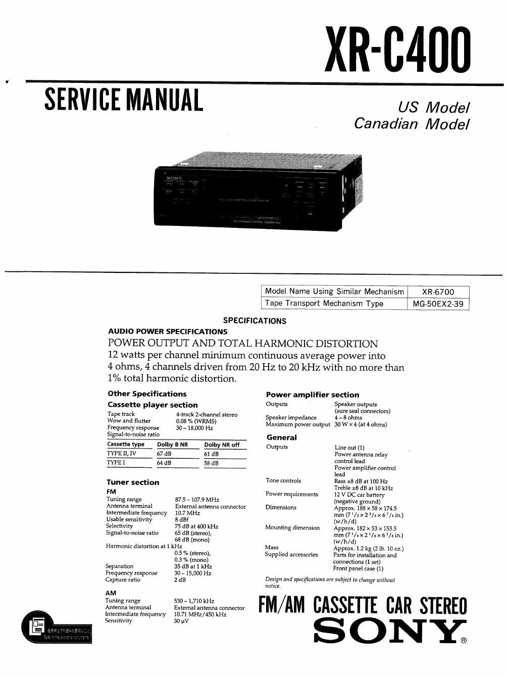 sony xr c 400 service manual