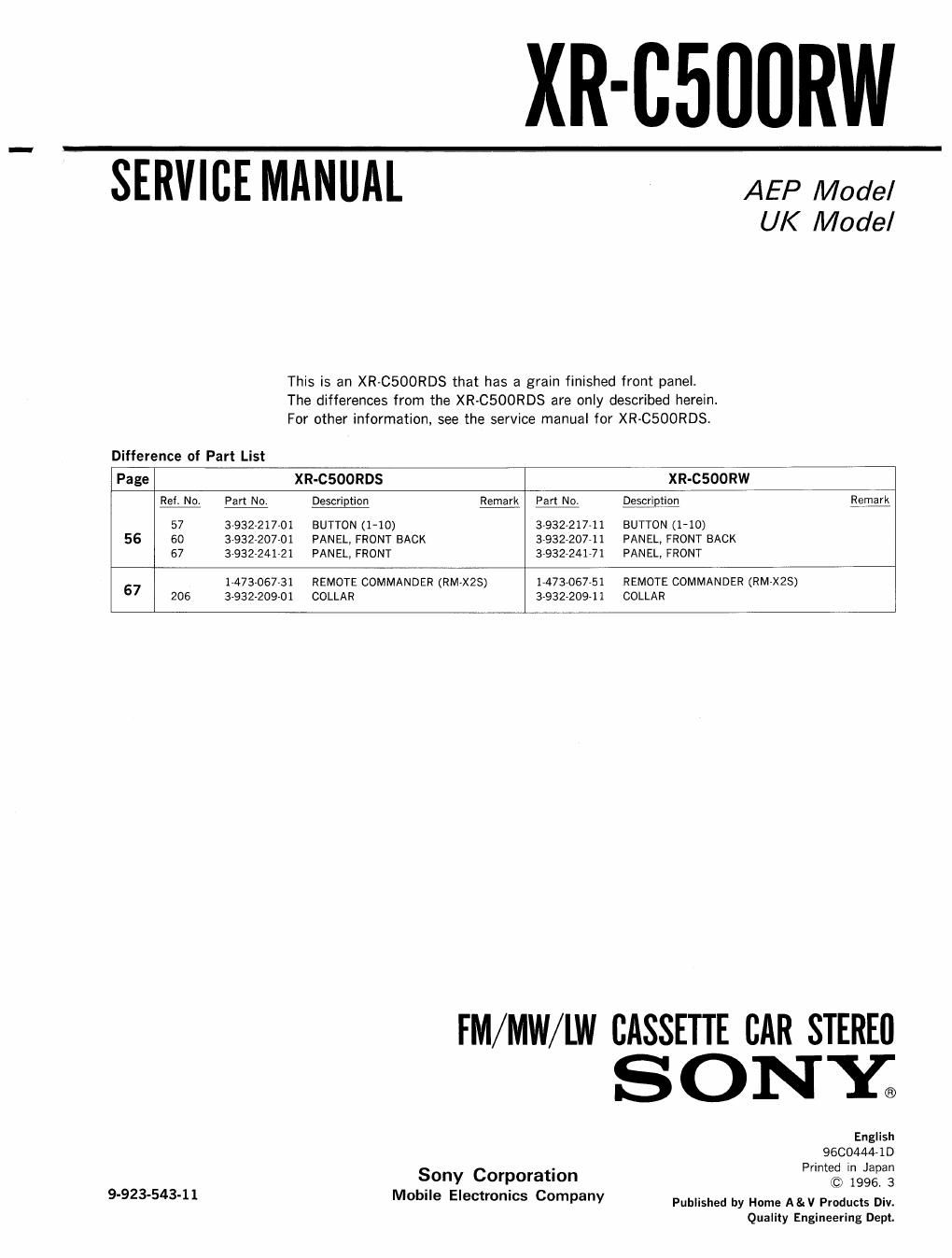 sony xr c 500 rw service manual