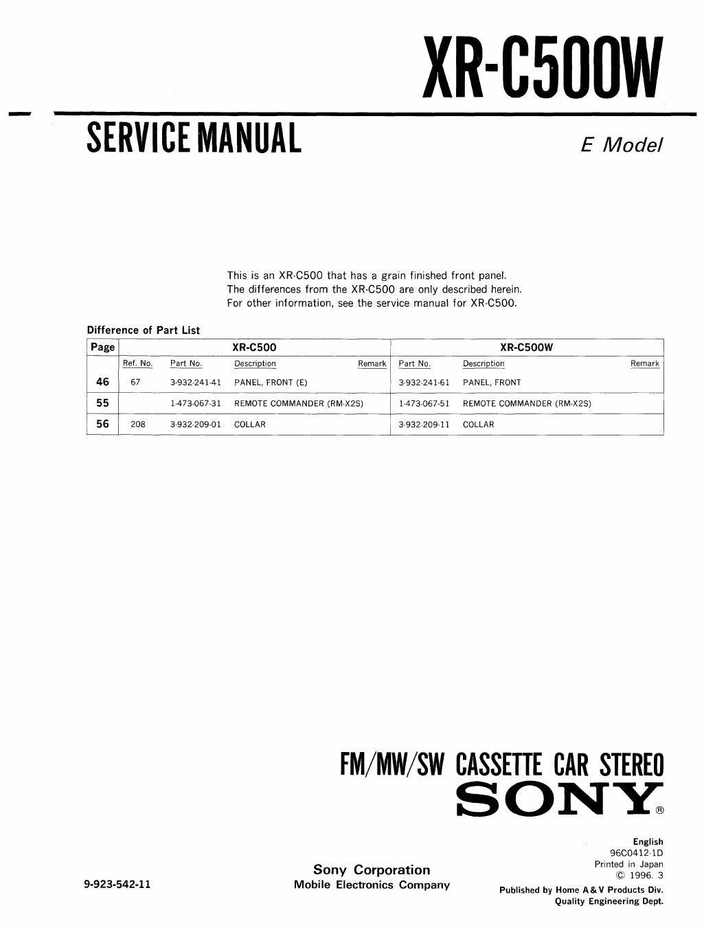 sony xr c 500 w service manual