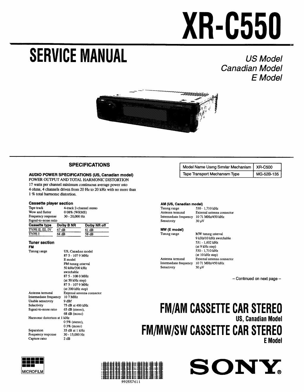 sony xr c 550 service manual