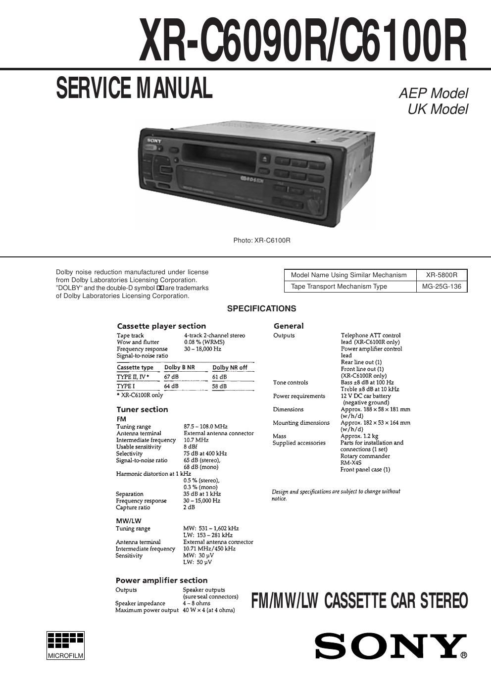 sony xr c 6090 r service manual