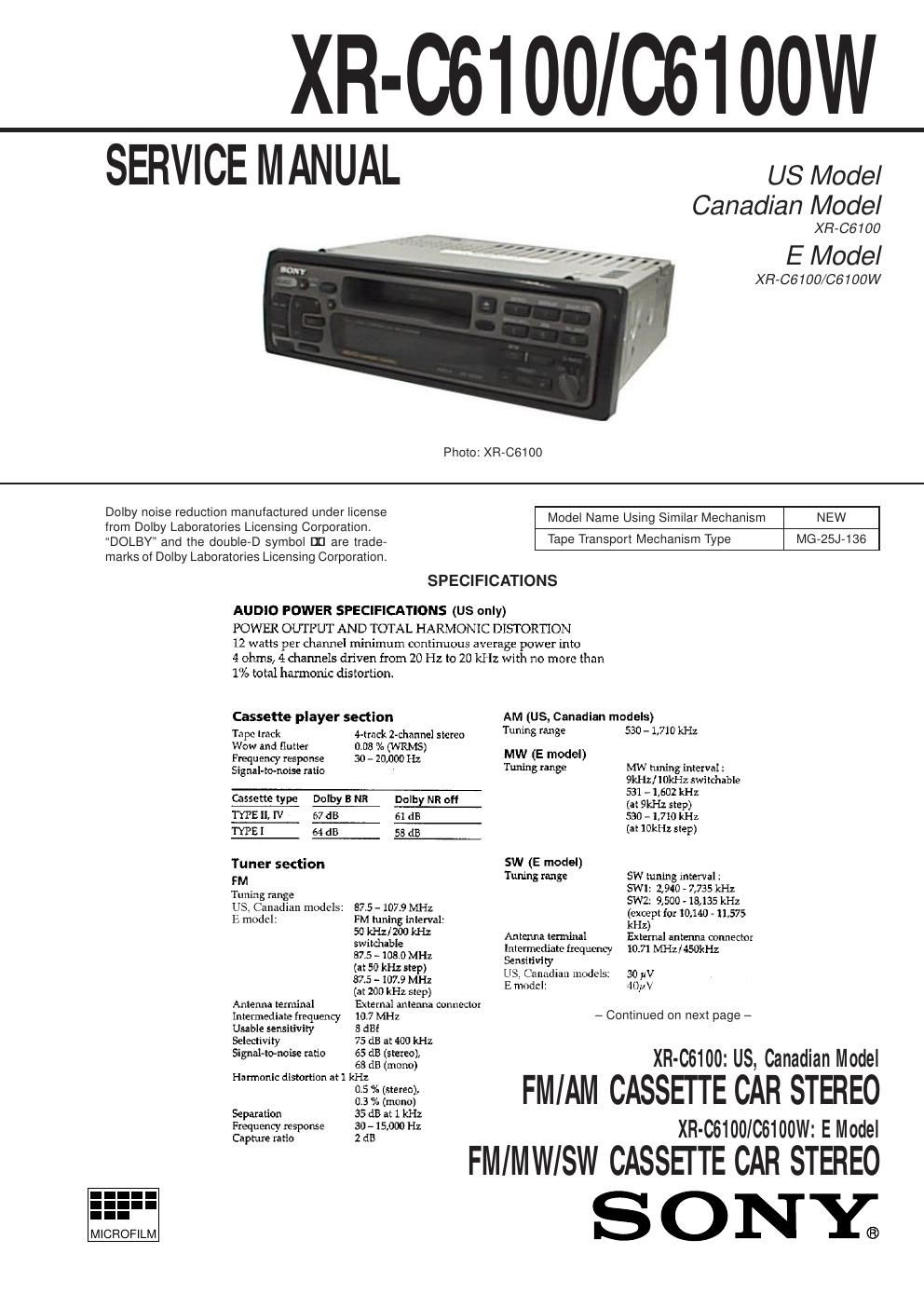 sony xr c 6100 service manual