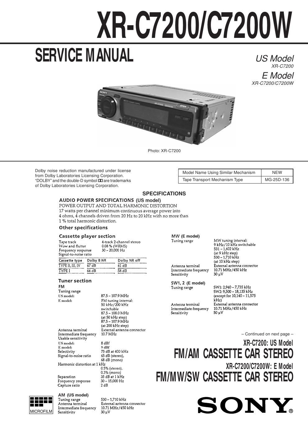 sony xr c 7200 service manual