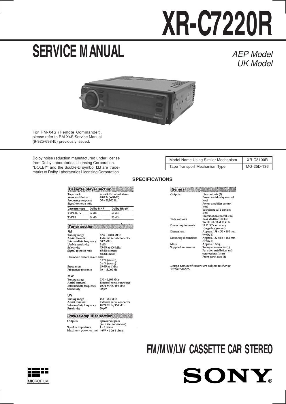 sony xr c 7220 r service manual