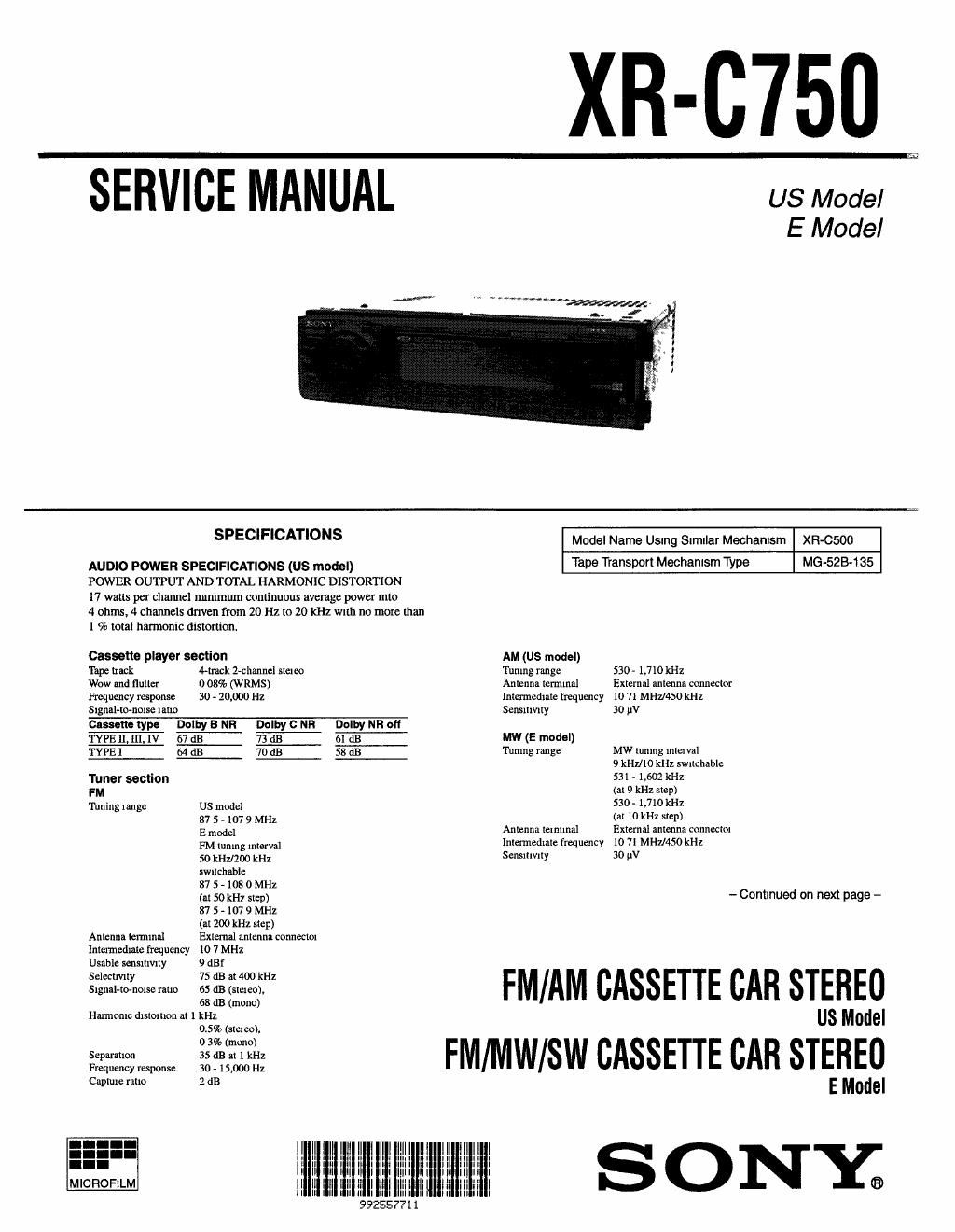 sony xr c 750 service manual