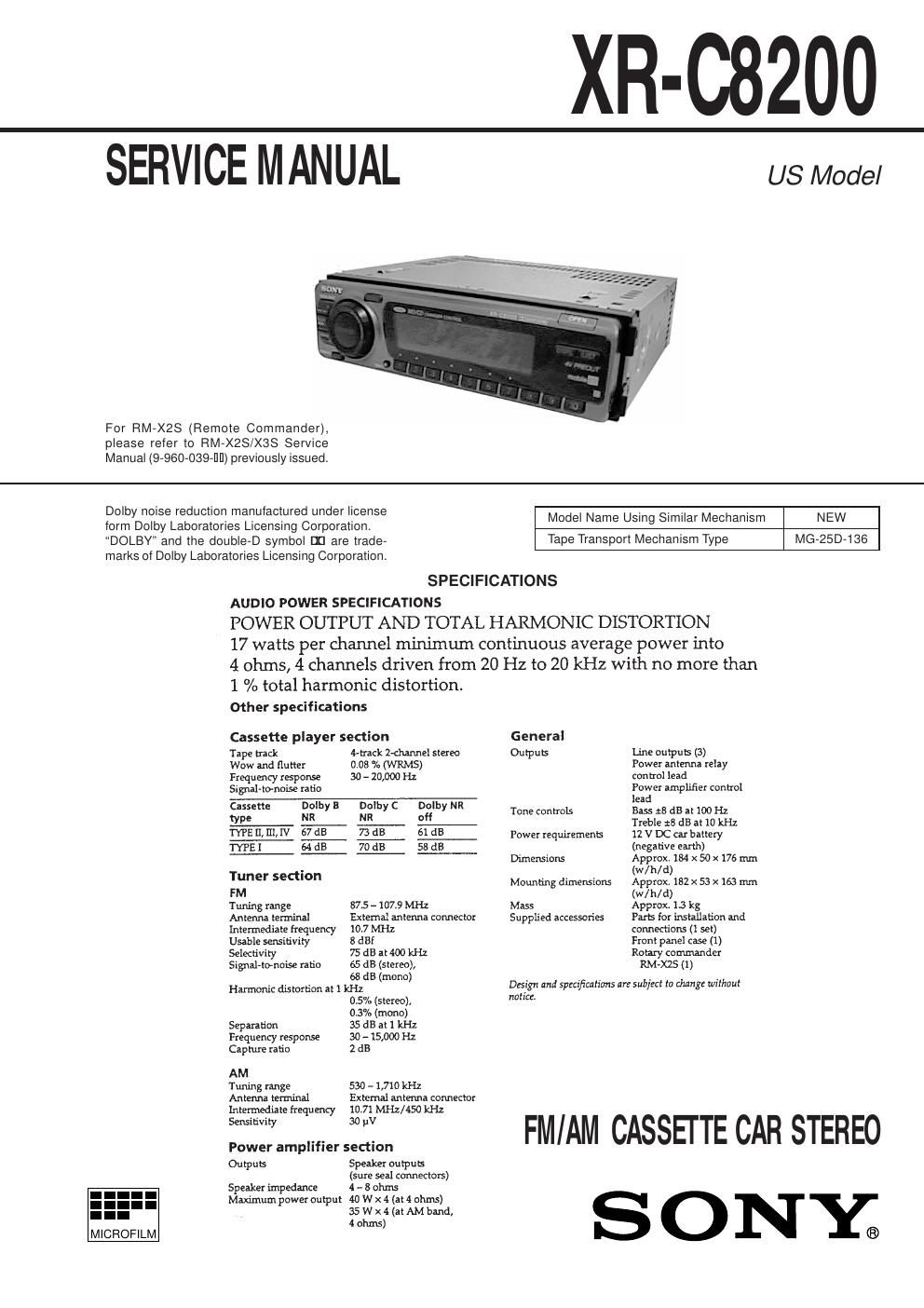 sony xr c 8200 service manual