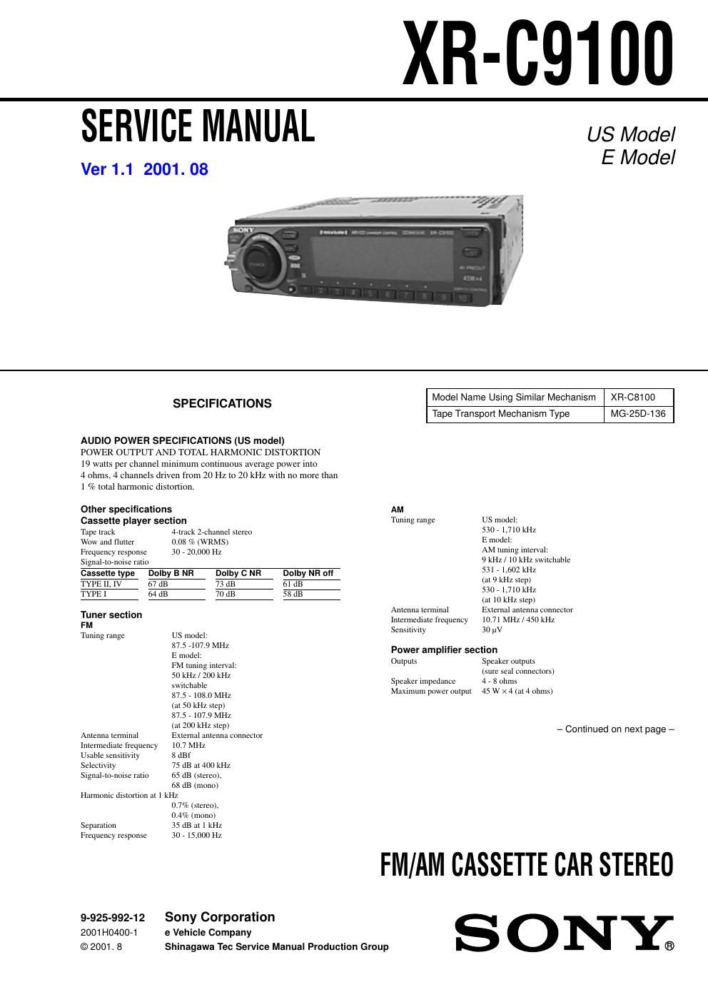 sony xr c 9100 service manual