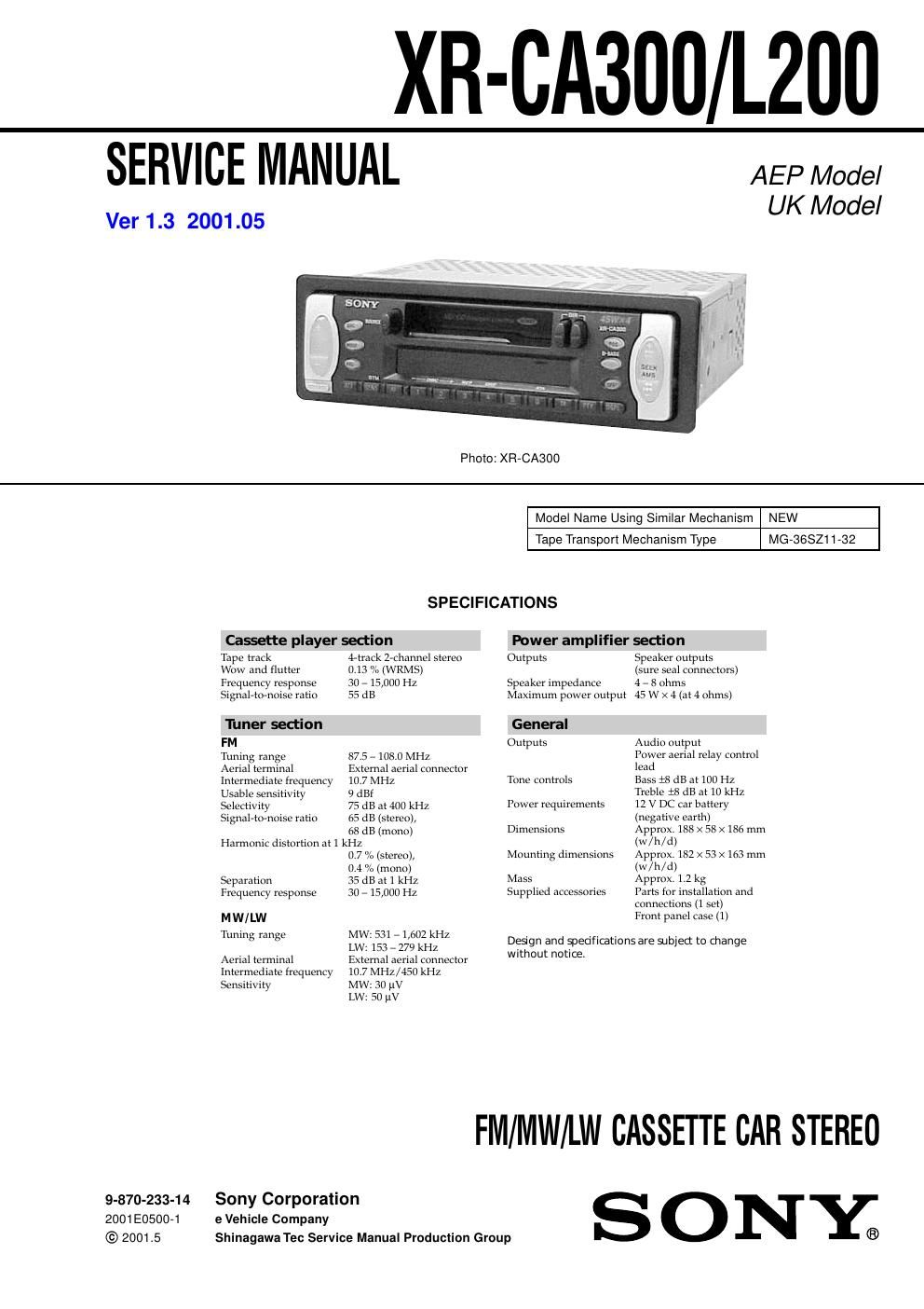 sony xr ca 300 service manual