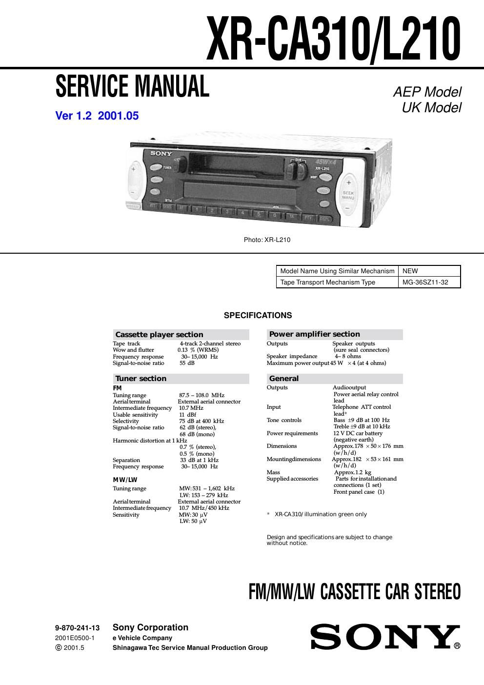 sony xr ca 310 service manual