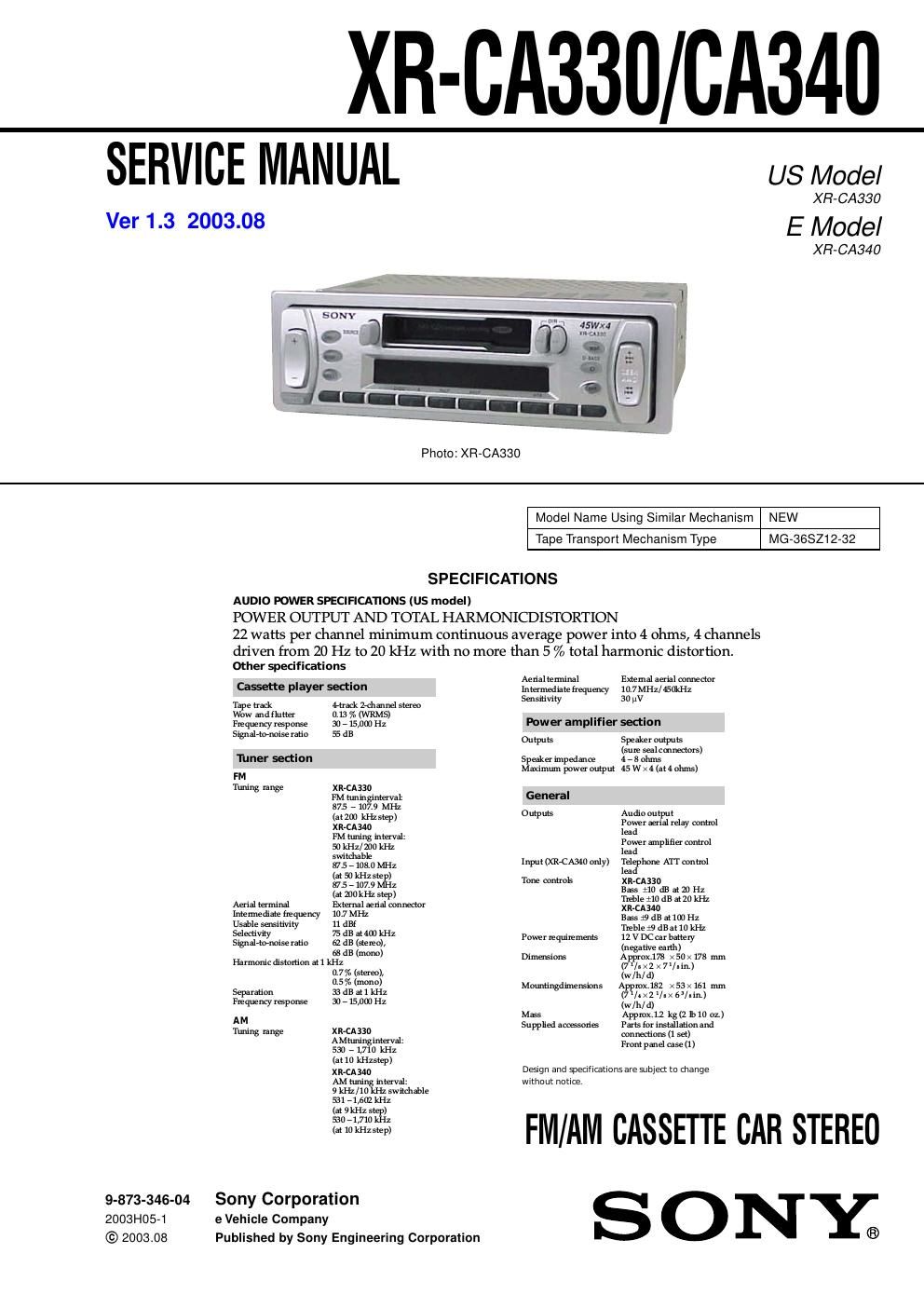 sony xr ca 330 service manual