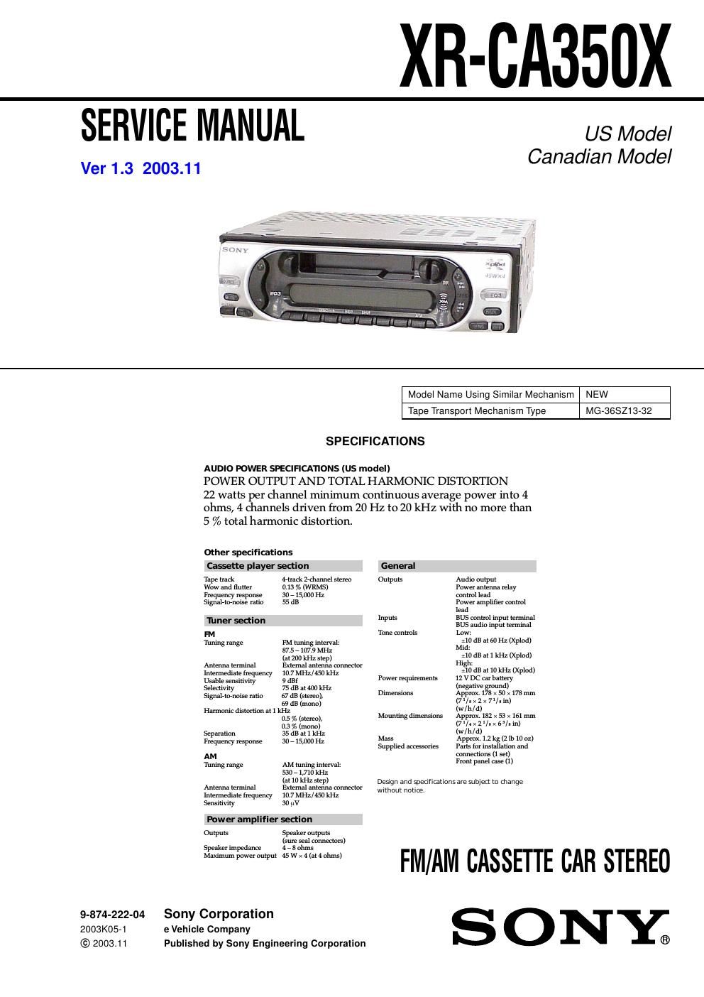 sony xr ca 350 x service manual