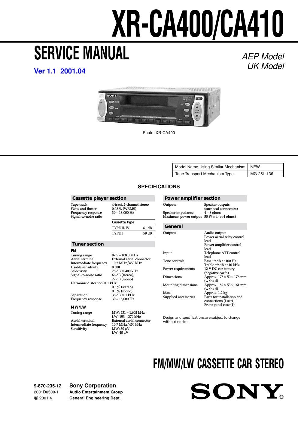 sony xr ca 400 service manual