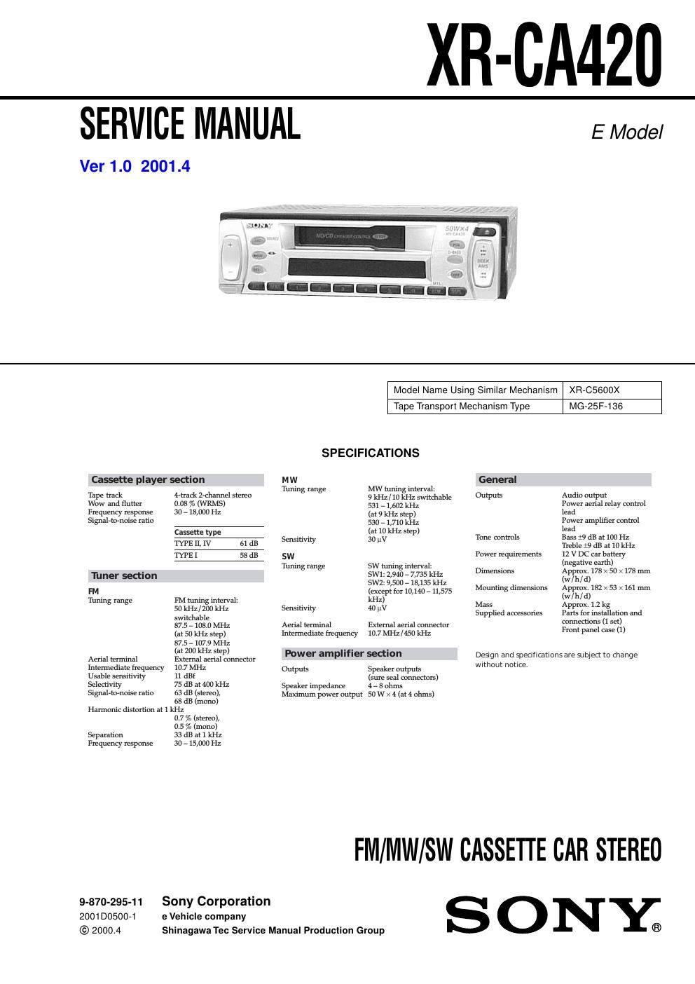 sony xr ca 420 service manual