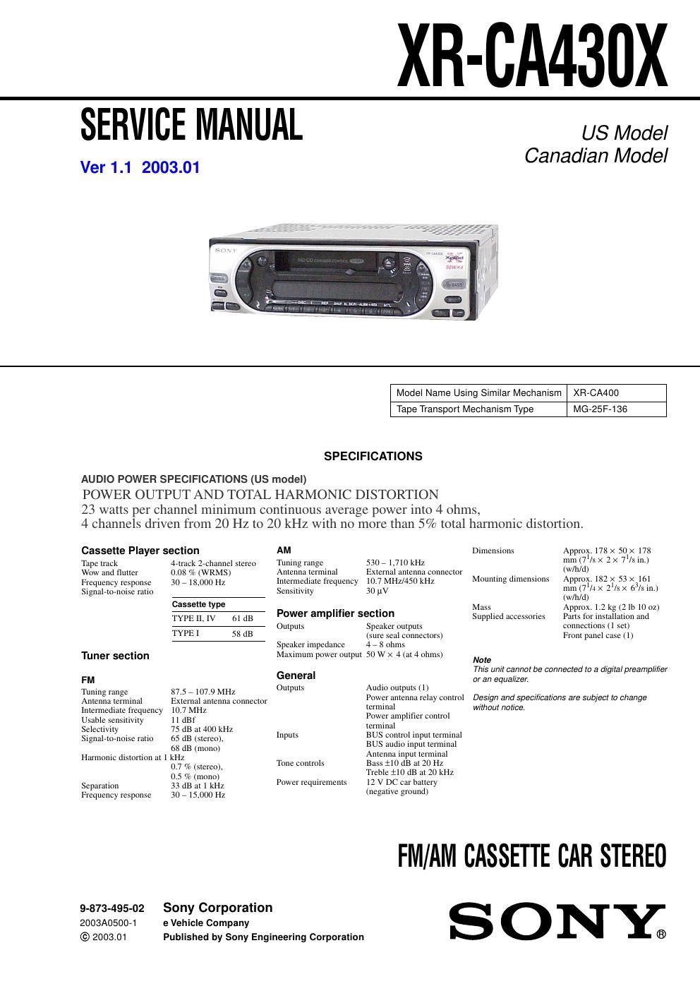 sony xr ca 430 x service manual