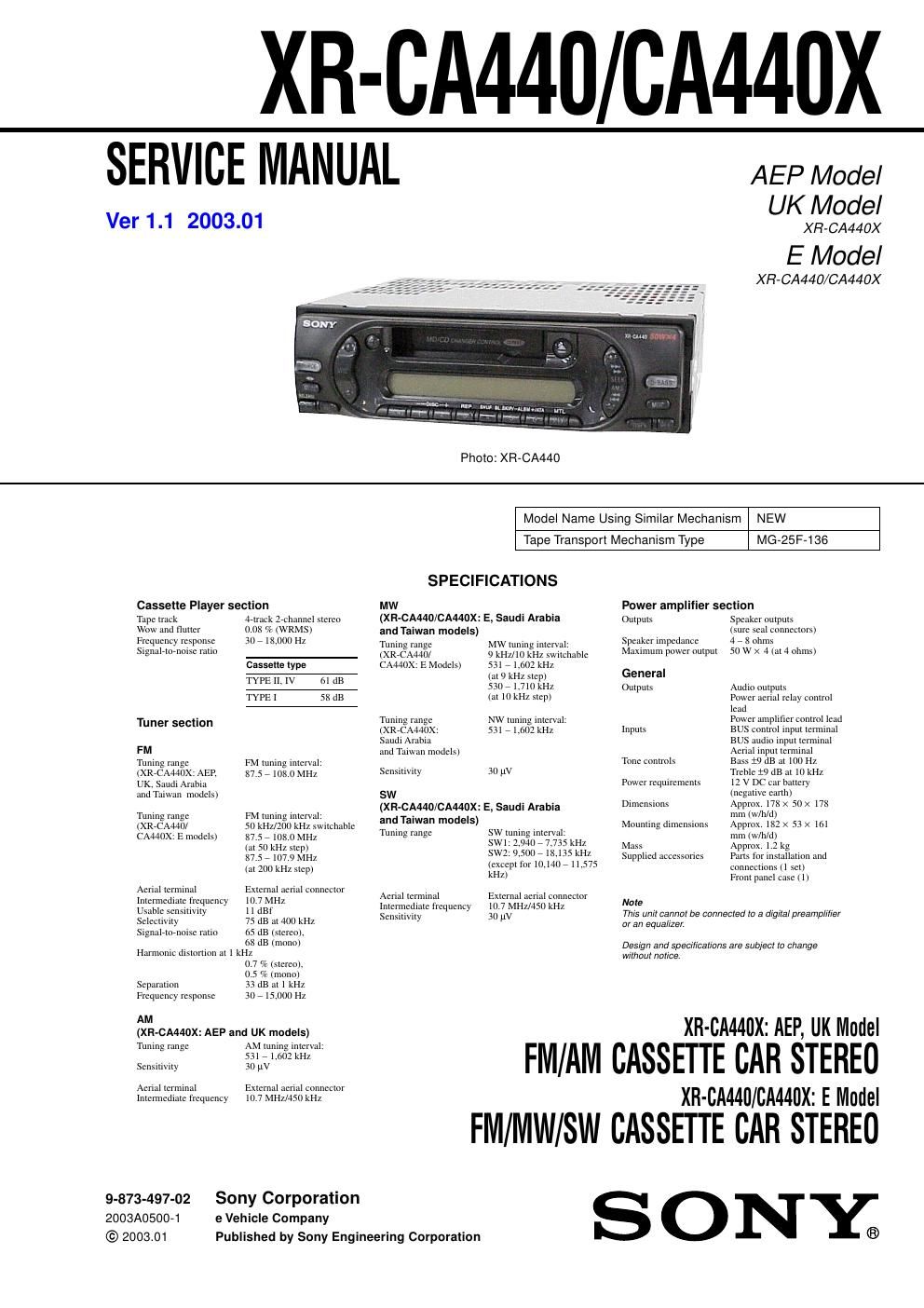 sony xr ca 440 service manual