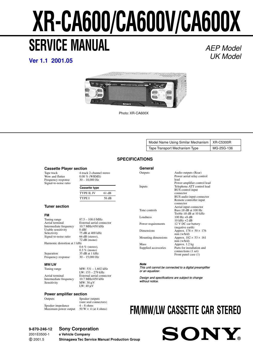 sony xr ca 600 service manual