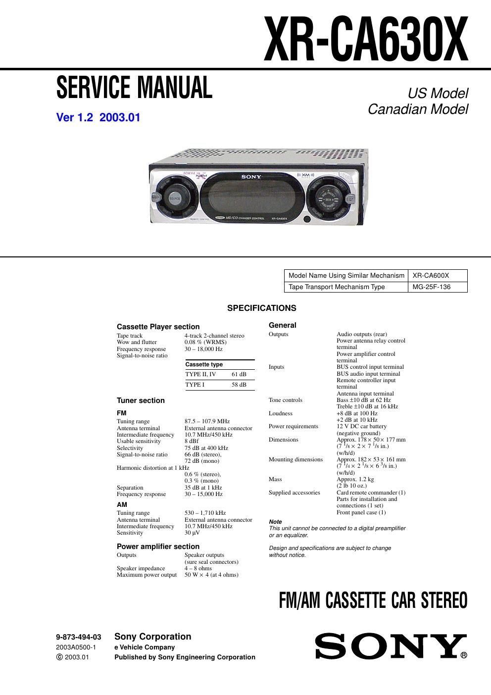 sony xr ca 630 x service manual