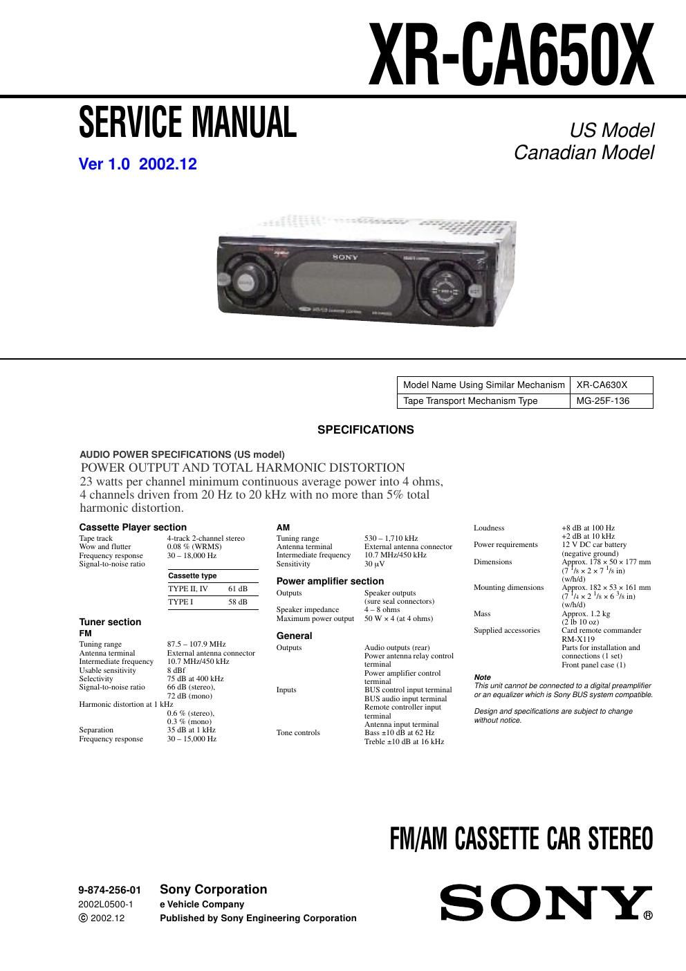 sony xr ca 650 x service manual