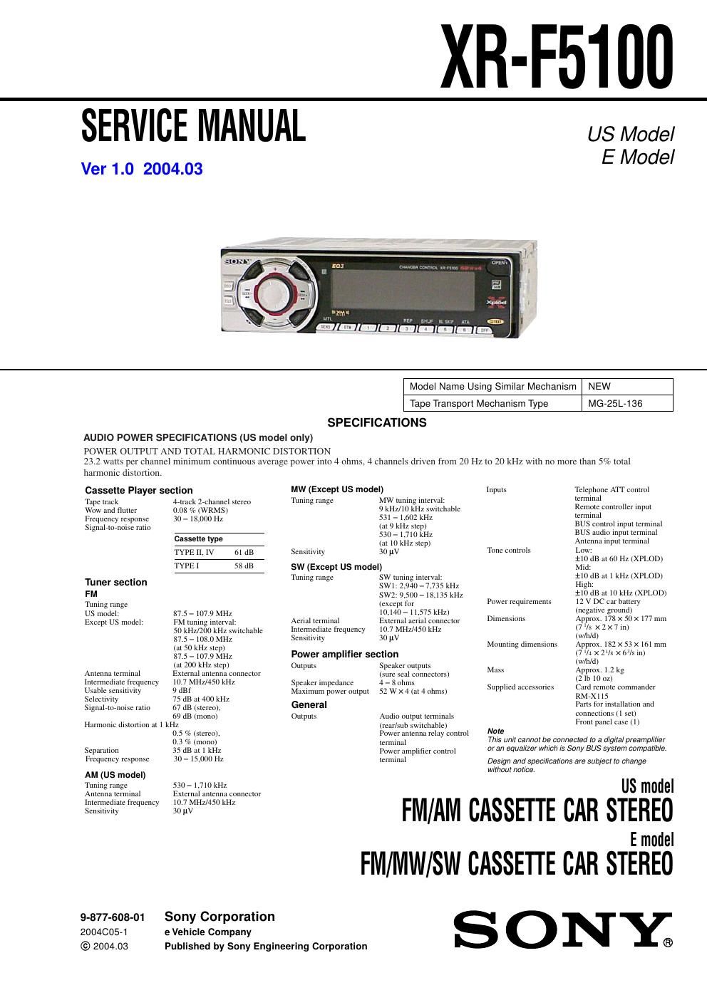 sony xr f 5100 service manual