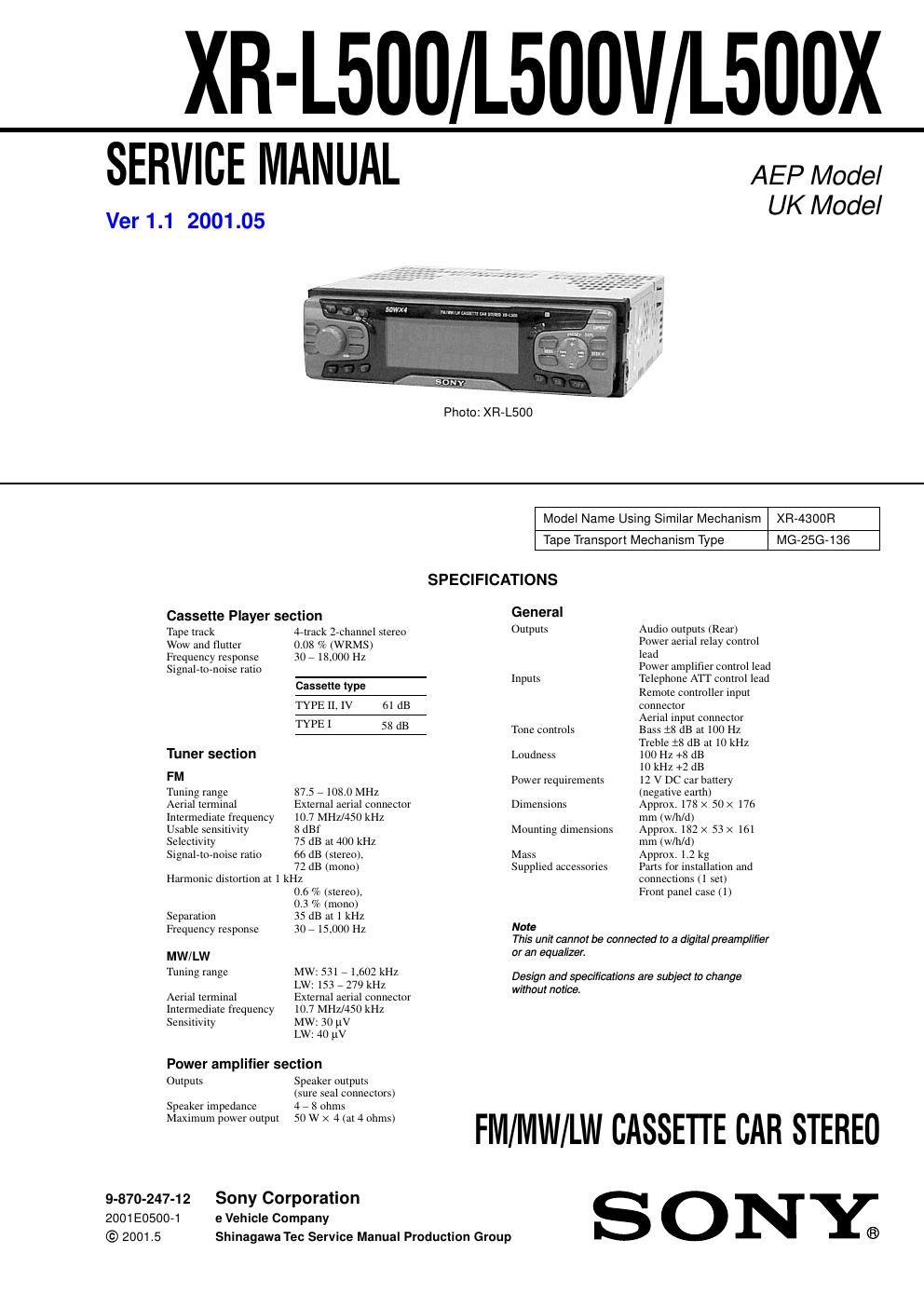 sony xr l 500 service manual