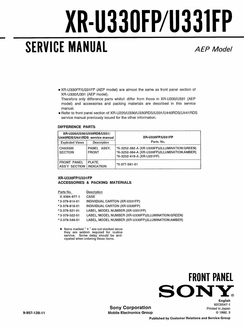 sony xr u 330 fp service manual