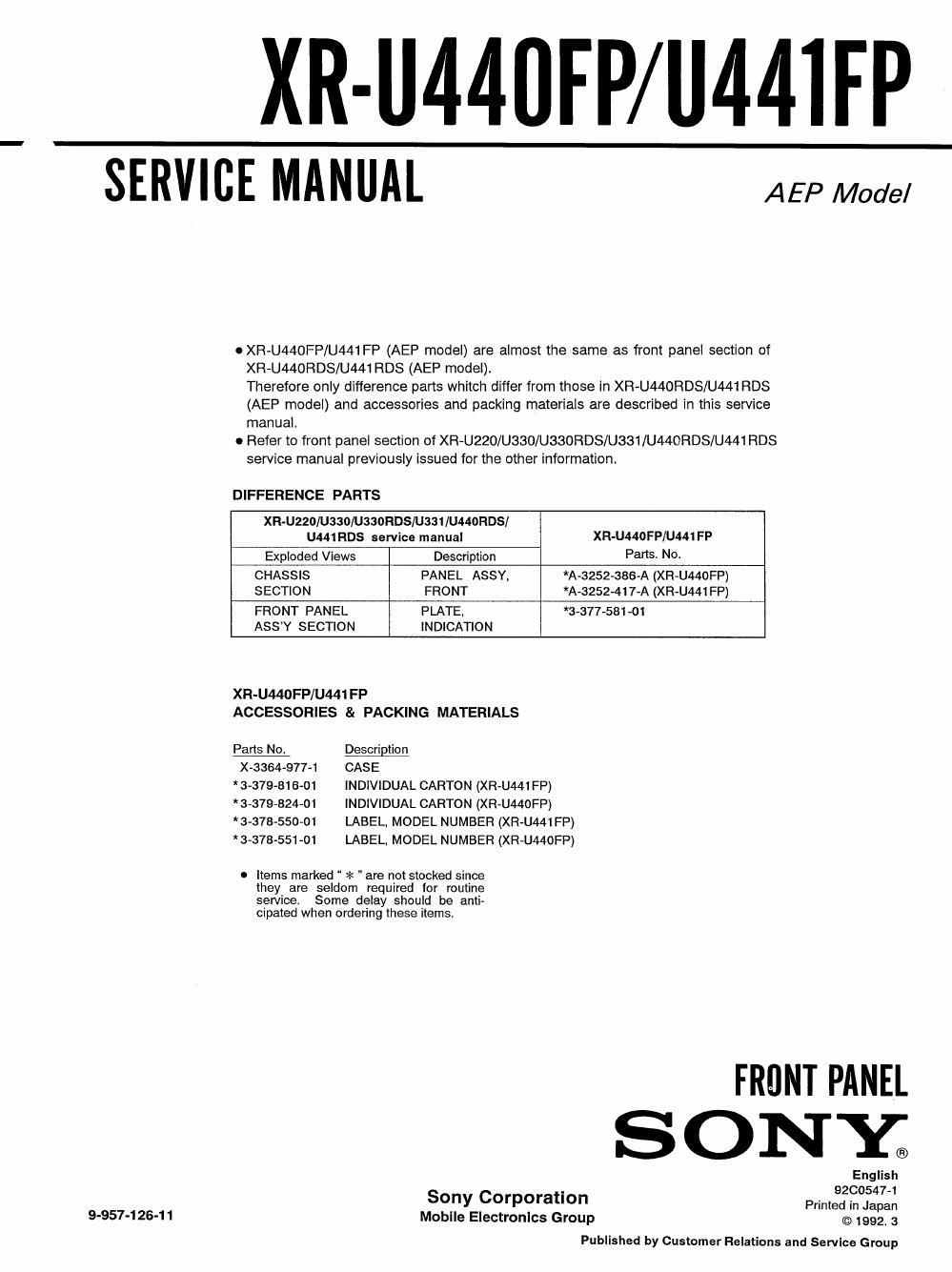 sony xr u 440 fp service manual