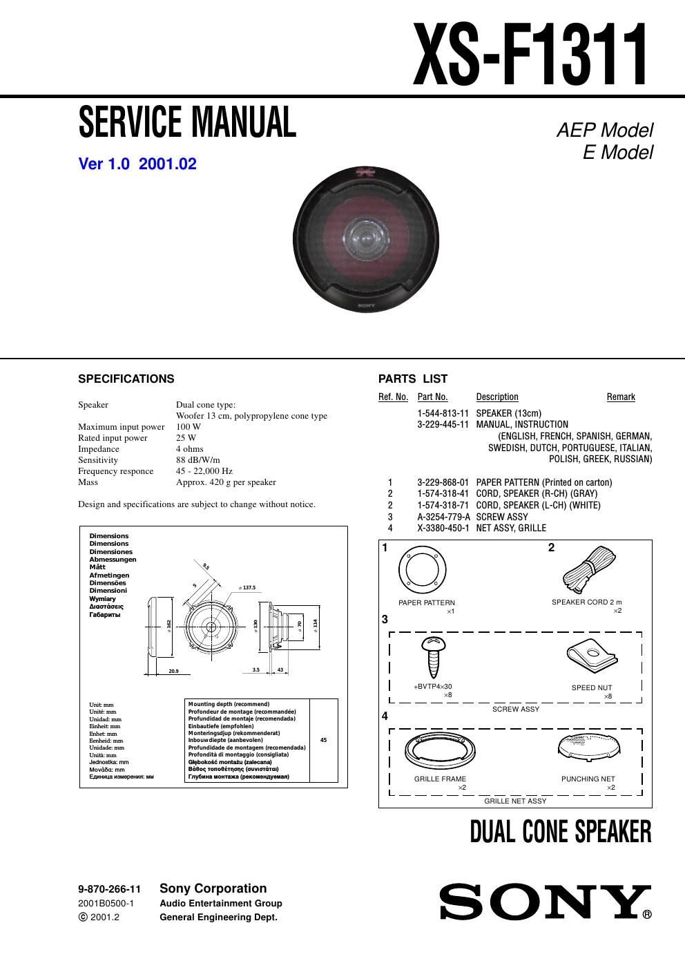 sony xs f 1311 service manual