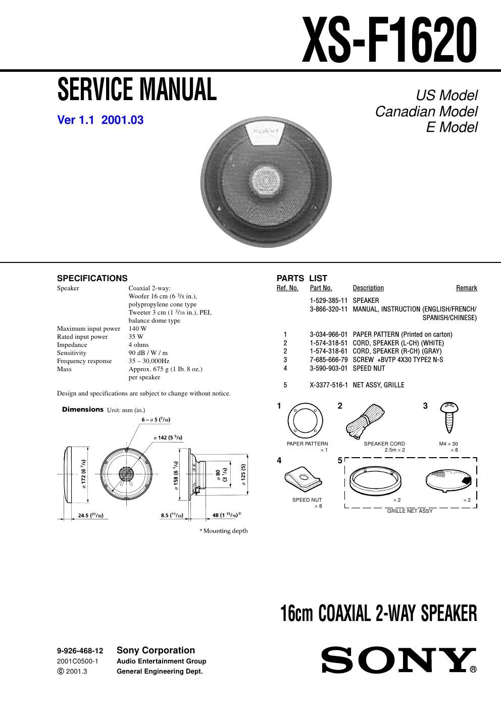 sony xs f 1620 service manual