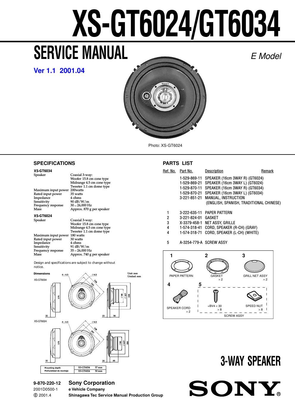 sony xs gt 6024 service manual