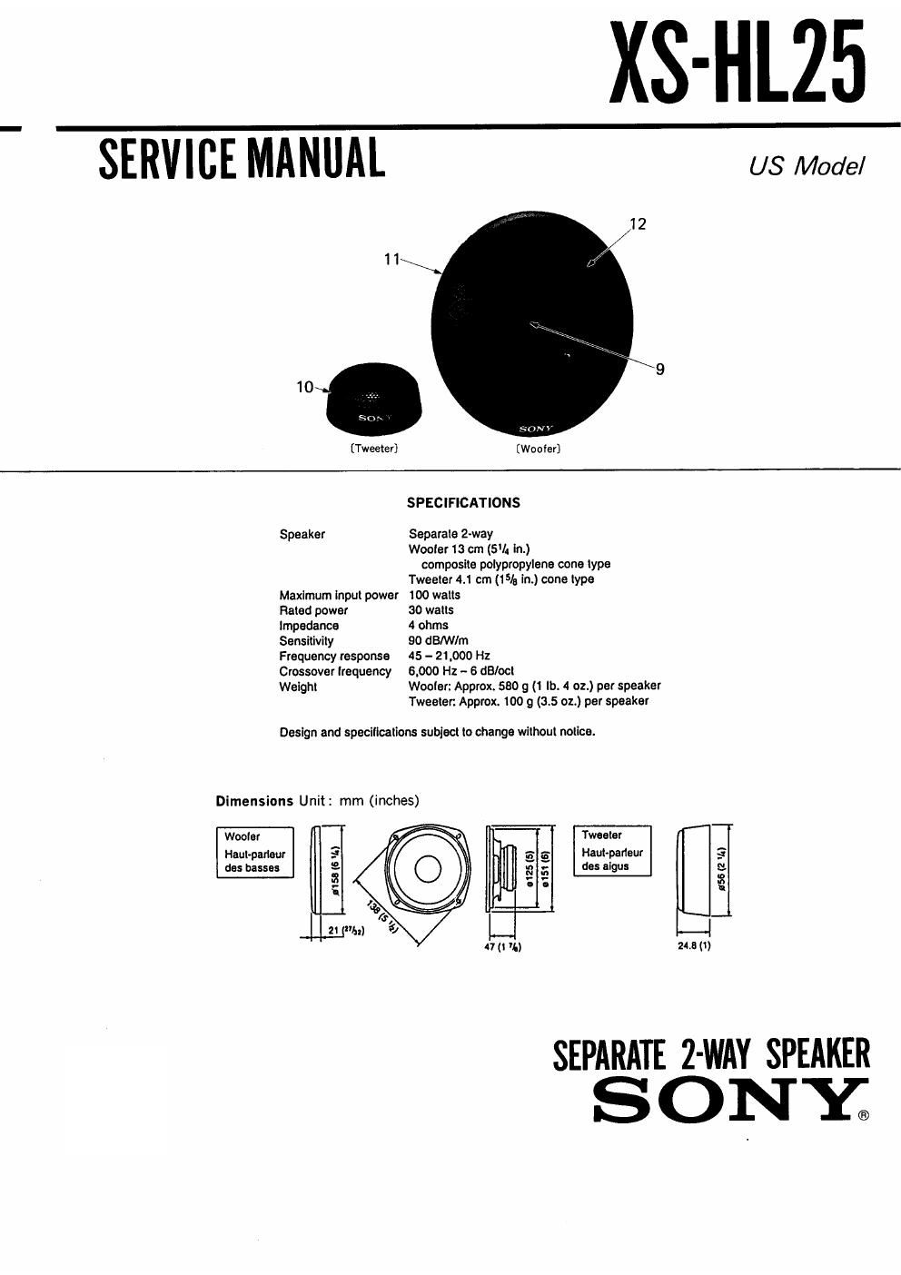 sony xs hl 25 service manual