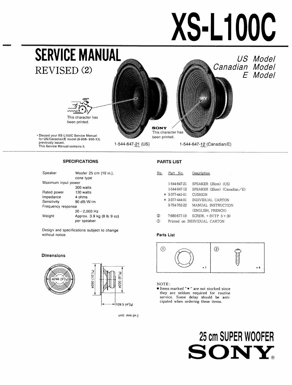 sony xs l 100 c service manual