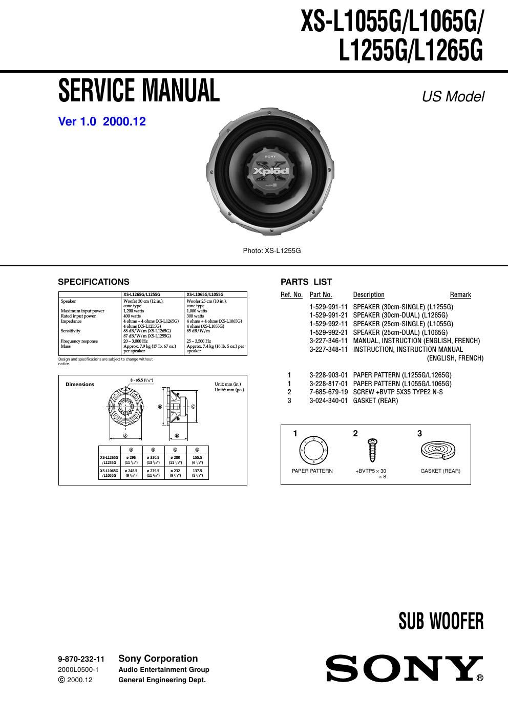 sony xs l 1055 g service manual