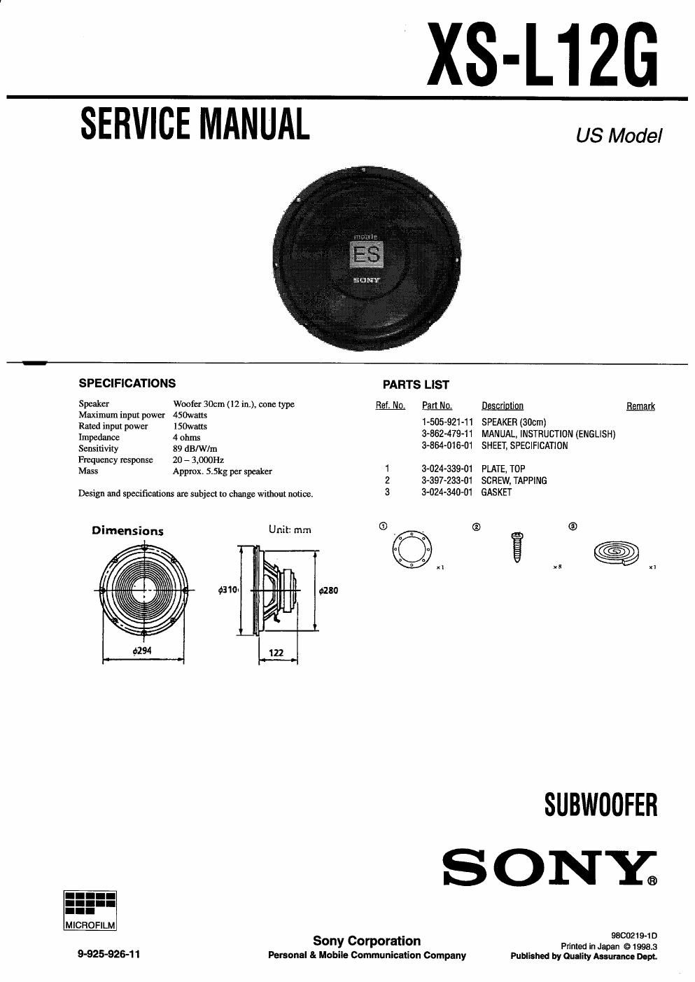 sony xs l 12 g service manual