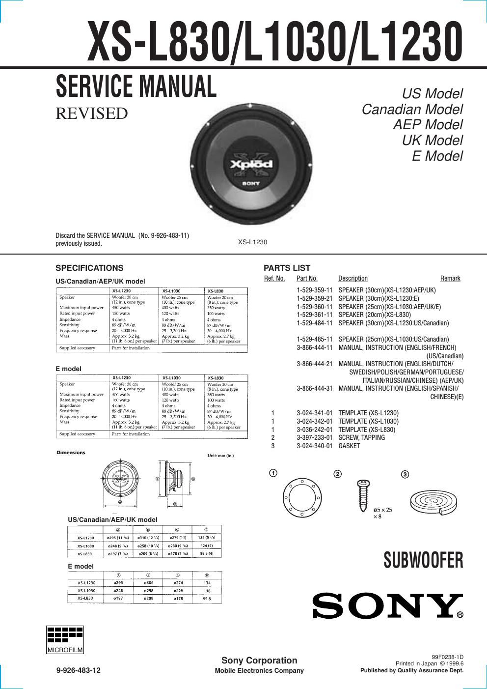 sony xs l 1230 service manual