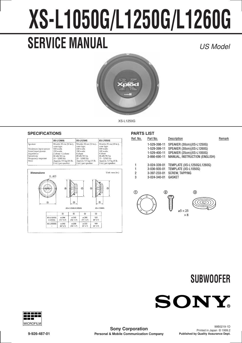 sony xs l 1250 g service manual