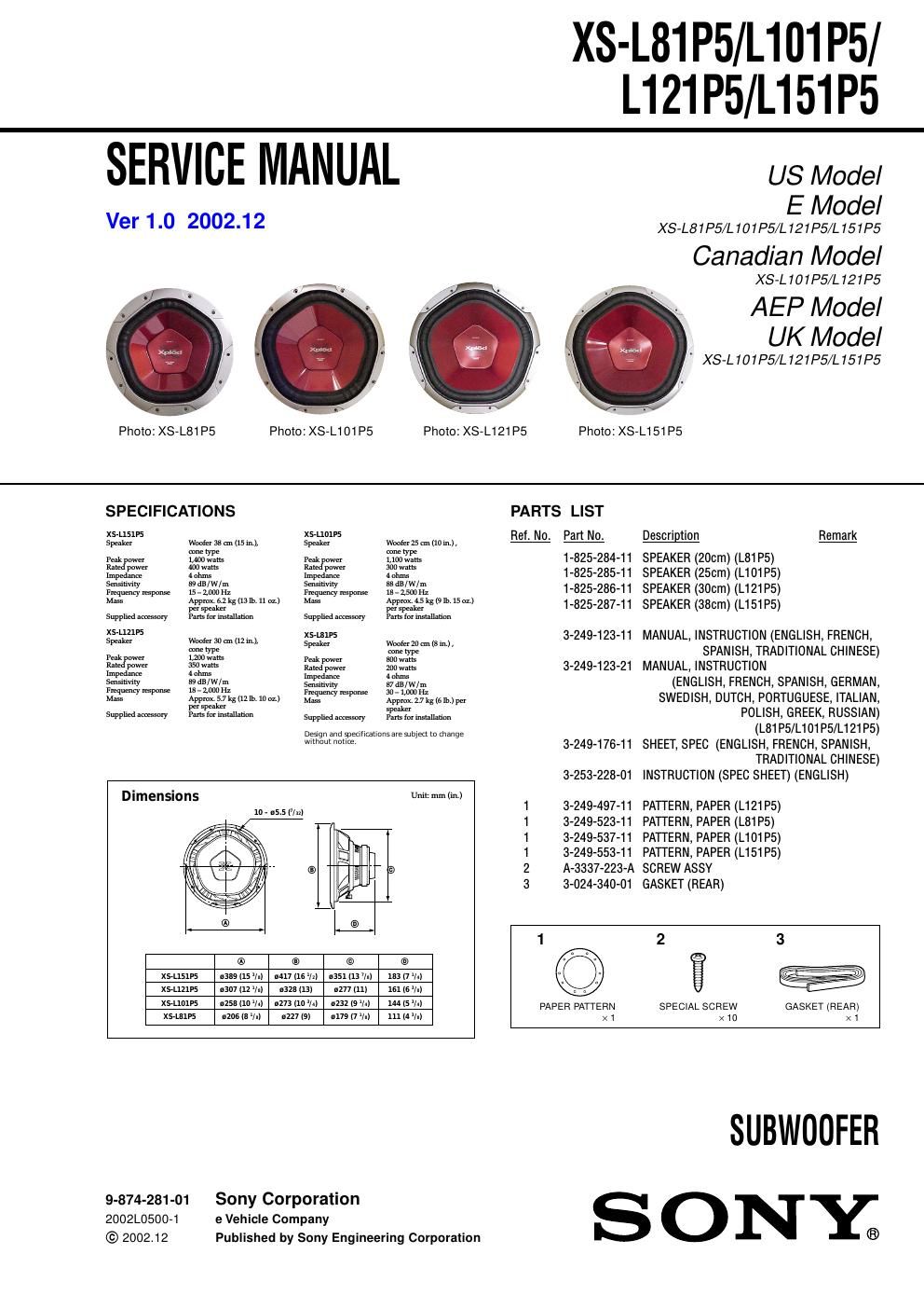 sony xs l 151 p 5 service manual