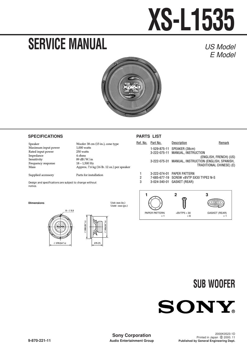 sony xs l 1535 service manual