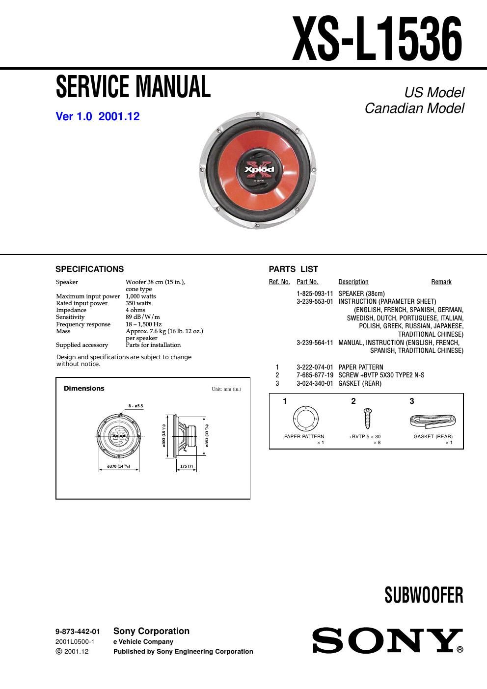 sony xs l 1536 service manual