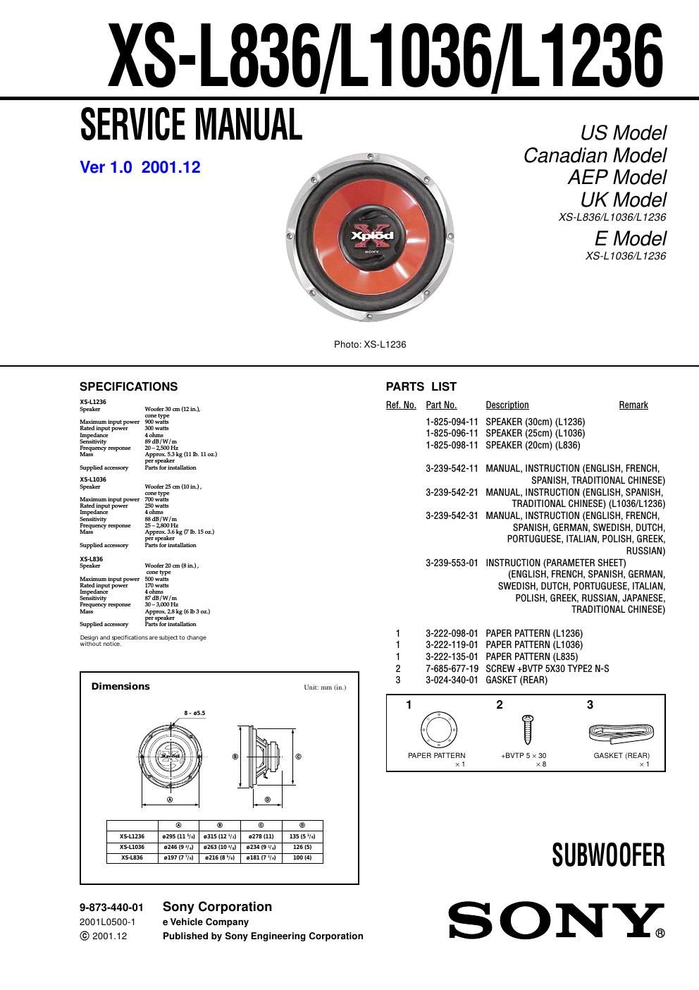 sony xs l 836 service manual