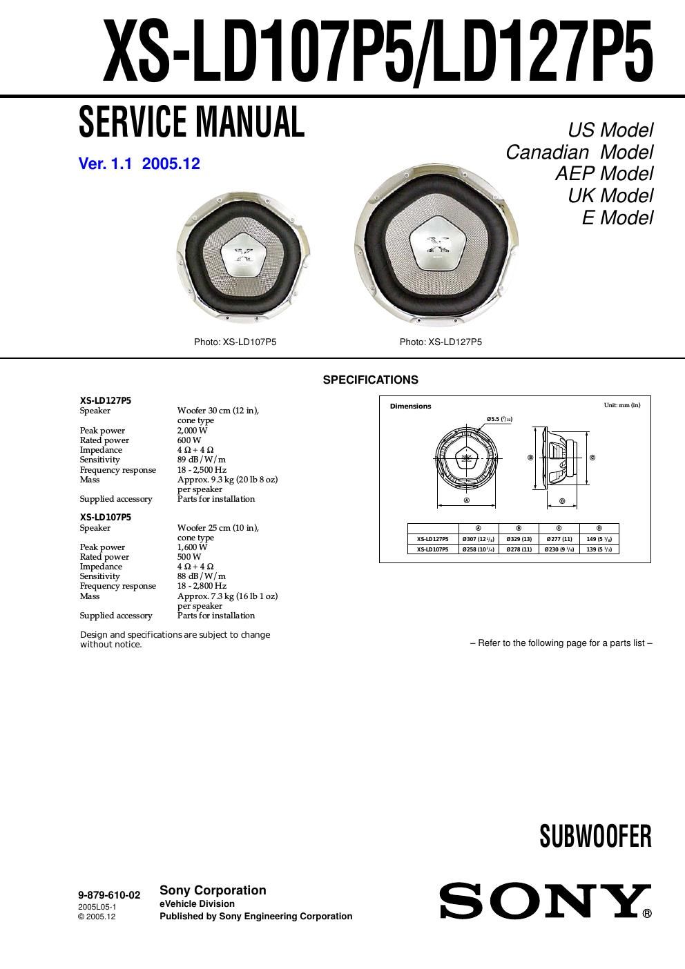 sony xs ld 107 p 5 service manual